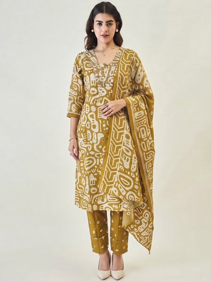 Mustard Yellow Printed Kurta Set with Dupatta
